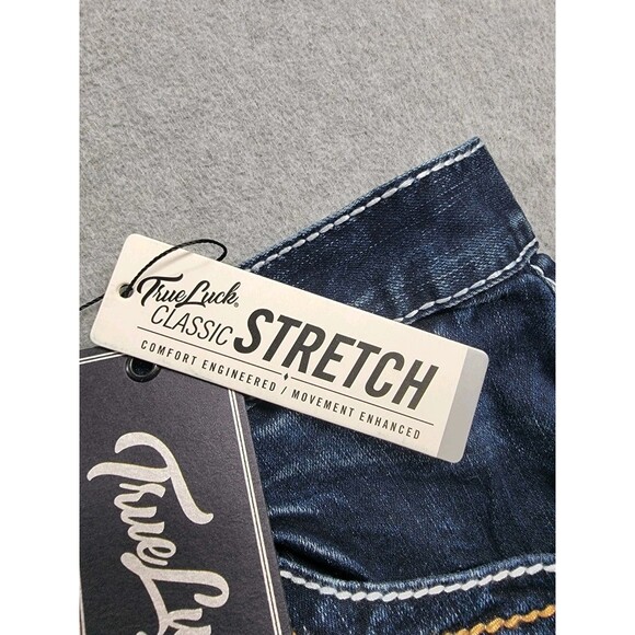 True Luck Jeans Mens 34x30 Boot Dark Blue Thick Stitch Mid Stretch Western NEW - Picture 7 of 16